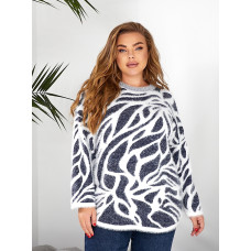 Жіноча тепла туніка (светр) "Травка" БАТАЛ. Універсал 56. Зимова, пухнаста, з візерунком. Кольори: синій, чорний, зелений. ОПТ: пачка 5 шт. Opt7km.