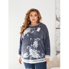 Жіноча тепла туніка (светр) "Травка" БАТАЛ. Універсал 56. Зимова, пухнаста, з візерунком. Кольори: синій, чорний, зелений. ОПТ: пачка 5 шт. Opt7km.