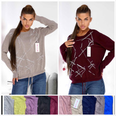 Жіноча кашемірова кофта (светр) Батал Універсал 50–54. Декор горизонтальними смугами стразів/паєток. На зав'язці. Мікс кольорів. ОПТ: пачка 10 шт. Opt7km.