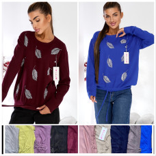 Жіноча кашемірова кофта (светр) Батал Універсал 50–54. Декор горизонтальними смугами стразів/паєток. На зав'язці. Мікс кольорів. ОПТ: пачка 10 шт. Opt7km.