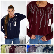 Жіноча кашемірова кофта (светр). Тепла Батал Універсал модель 50–54. Декор стразами/паєтками. На зав'язці. Мікс кольорів. ОПТ: пачка 10 шт. Opt7km.