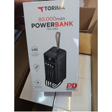 Powerbank TORIMA TRM-1080 80 000 mAh — потужний акумулятор з LED-дисплеєм, швидкою зарядкою 22.5W та вбудованими кабелями. Ідеально для дому, поїздок та аварійних відключень електроенергії.