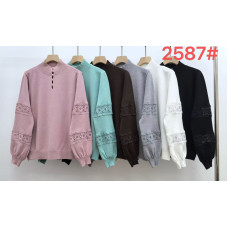 Жіночий в’язаний светр 2587#. Ростовка 5 шт. Різні кольори. Модель з мереживними вставками на рукавах, облямівка-стійка, зручний в носінні, стильний та теплий.