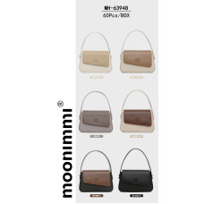 Жіноча сумка оптом Moonimmi MH-63948. Розмір: 22×14×7 см. Упаковка: 60 шт. Асиметричний клапан, тиснений логотип, магнітна застібка, знімний ремінець. Кольори: чорний, бежевий, абрикос, хакі, сірий, коричневий.