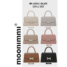 Жіноча сумка оптом Moonimmi MH-63941. Розмір: 23.5×14×7 см. Упаковка: 60 шт. Елегантна форма, декоративна застібка у вигляді букви H, знімний ремінець. Кольори: чорний, рожевий, бежевий, сірий, хакі, коричневий.